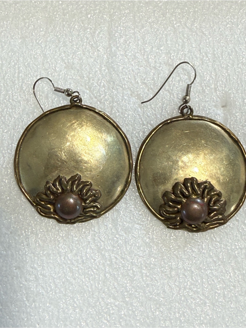 Boho Bronze Looking Dangle Heart Earrings with a Big Silver Flower in the Middle
